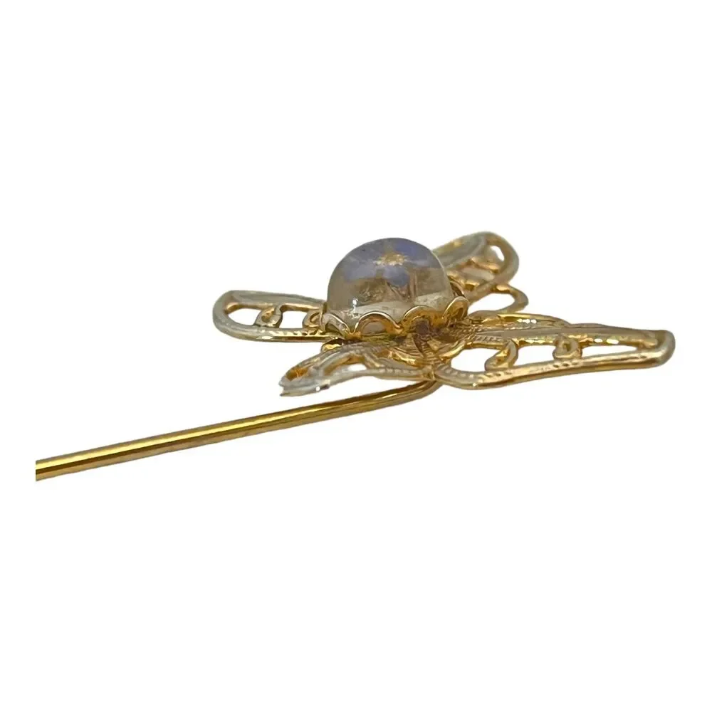 Vintage 1970s Butterfly Stick Pin Filigree Pressed Flower Gold Tone - 5T